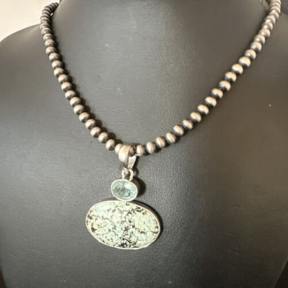 Navajo Dry Creek Turquoise Topaz Pendant Necklace | Sterling Silver | Authentic Native American Handmade | 16315