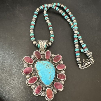 Navajo XL Turquoise Purple Spiny Cluster Pendant Necklace | Sterling Silver | Native American Handmade | 17427