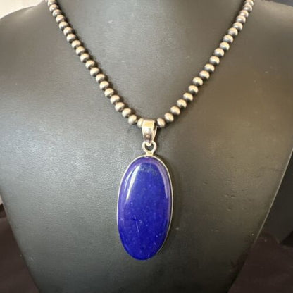Navajo Blue Lapis Pendant with Pearls | Sterling Silver Necklace | 20" | Authentic Native American Handmade | 16666