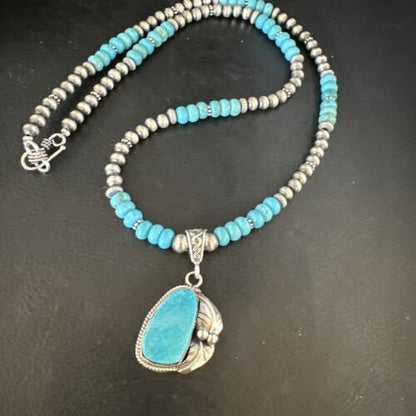 Navajo Blue Turquoise Pendant with Pearls | Sterling Silver Necklace | Authentic Native American Handmade | 15418