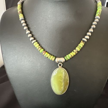 Navajo Green Turquoise Pendant Necklace | Sterling Silver | Authentic Native American Handmade | 16919