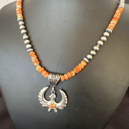 Navajo Thunderbird Orange Spiny Oyster Pendant Necklace | Sterling Silver | Authentic Native American Handmade | 16852