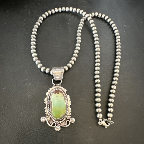 Navajo Royston Turquoise Pendant Necklace | Sterling Silver Pearls | Authentic Native American Handmade | 17060