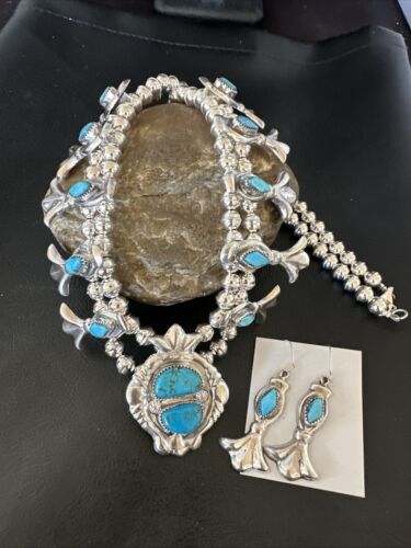 Kingman Turquoise Navajo Squash Blossom Necklace & Earrings | Sterling Silver | Native American Handmade | 16543