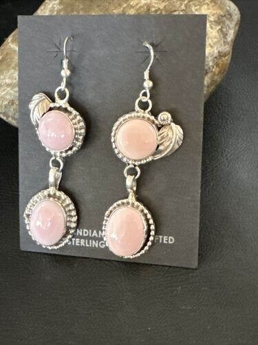 Navajo Pink Queen Conch Shell Dangle Earrings | Sterling Silver | Authentic Native American Handmade | 17216