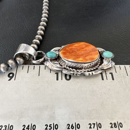 Navajo Spiny Oyster | Blue Turquoise Pendant Necklace | Sterling Silver | Native American Handmade | 16458