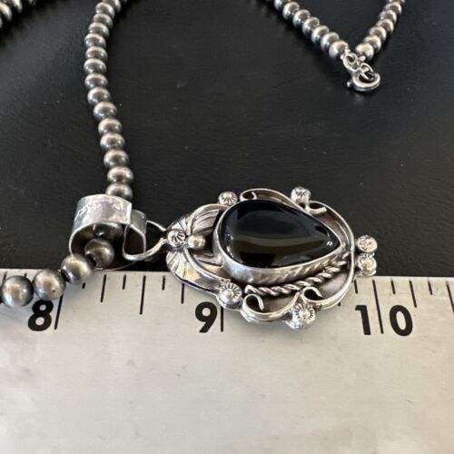 Navajo Pearls Black Onyx Necklace Pendant | Sterling Silver | Authentic Native American Handmade | 16525