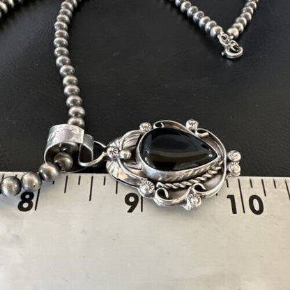 Navajo Pearls Black Onyx Necklace Pendant | Sterling Silver | Authentic Native American Handmade | 16525