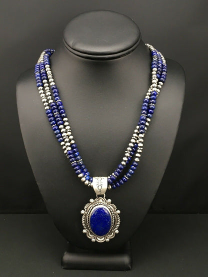 Navajo Lapis Lazuli Multi-Strand Necklace Pendant | Sterling Silver | Authentic Native American Handmade | 1273