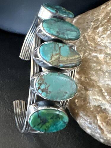 Women's Blue Turquoise 5-Stone Cuff Bracelet | Navajo Sterling Silver | Authentic Native American Jewelry | 16166