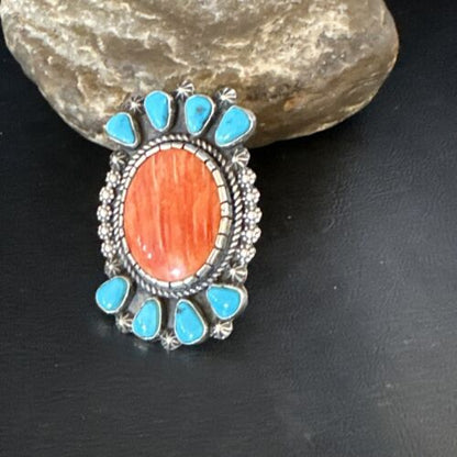 Navajo Turquoise Spiny Oyster Multi-Stone Ring | Authentic Native American Sterling Silver | Sz 8 | 15076