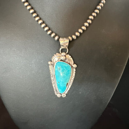 Navajo Kingman Turquoise Pendant Necklace | Sterling Silver | Native American Handmade | 15216 - Masha USA
