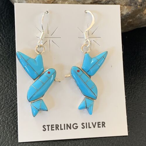 Navajo Blue Turquoise Hummingbird Earrings | Sterling Silver | 1" | Authentic Native American Handmade | 01424
