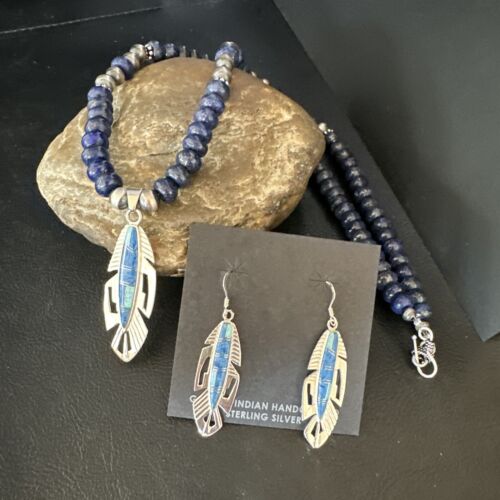 Navajo Opal Feather Multi-Color Lapis Pendant Necklace & Earring Set | Sterling Silver | Authentic Native American Handmade | 15031