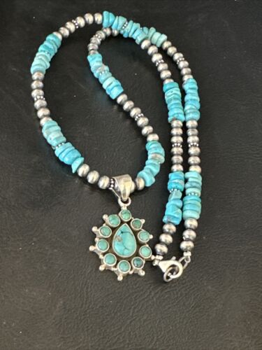 Navajo Kingman Turquoise Pendant Necklace | Sterling Silver | Native American Handmade | 14828