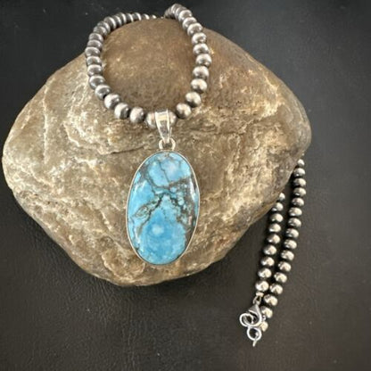 Navajo Blue Spiderweb Turquoise Pendant Necklace | Sterling Silver | Authentic Native American Handmade | 17024