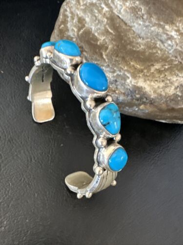 Navajo Blue Kingman Turquoise Cuff Bracelet | Sterling Silver | 5 Stone | Authentic Native American Handmade | 15988 - Masha USA