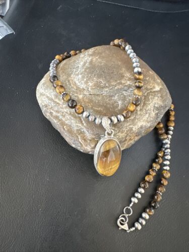 Navajo Coffee Tiger's Eye Pendant Necklace | Sterling Silver | 26" | Authentic Native American Handmade | 14886