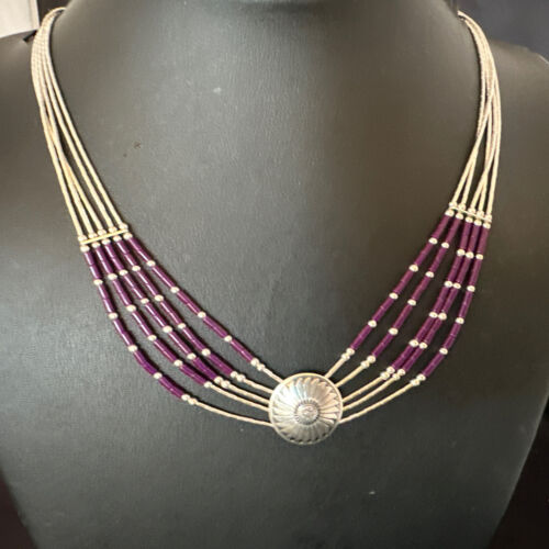 Navajo Purple Sugilite Heishi Concha Necklace | 5 Strand Liquid Sterling Silver | 20" | 15877