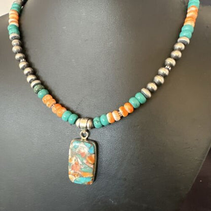 Navajo Spiny Turquoise Pendant Necklace | Sterling Silver | 22" | Authentic Native American Handmade | 17432