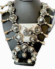 Navajo White Buffalo Turquoise Squash Blossom Necklace & Earrings | Sterling Silver | 16547