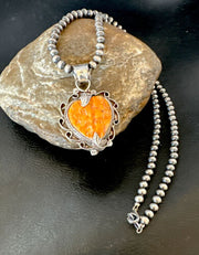 Navajo Orange Spiny Oyster Heart Pendant Necklace | Sterling Silver | Authentic Native American Handmade | 16297