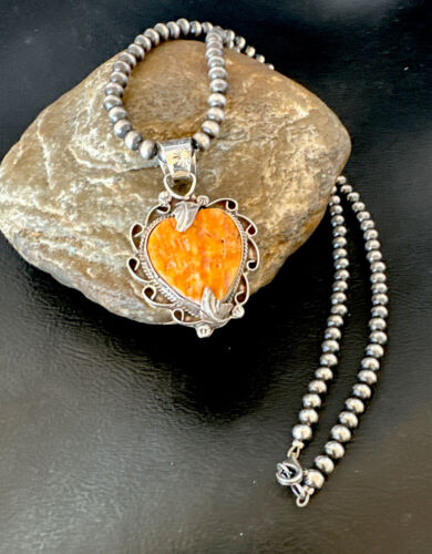 Navajo Orange Spiny Oyster Heart Pendant Necklace | Sterling Silver | Authentic Native American Handmade | 16297