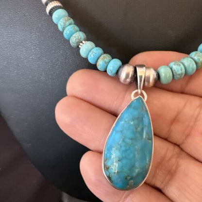 Navajo Blue Turquoise Pendant Necklace | Sterling Silver | Authentic Native American Handmade | 16652