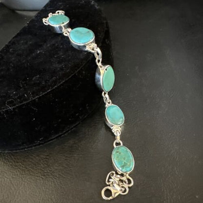 Navajo Blue Turquoise Link Bracelet | Sterling Silver | 8" | Authentic Native American Handmade | 15470