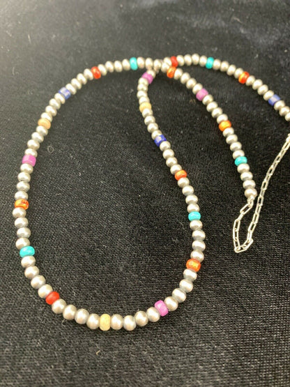 Native American Navajo Pearls Necklace | 4mm Sterling Silver Beads | 16" | Single Strand | 10870