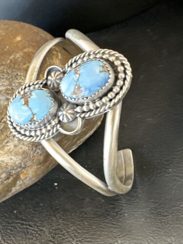 Navajo Blue Golden Hills Turquoise Cuff Bracelet | Sterling Silver | Authentic Native American Handmade | 16429