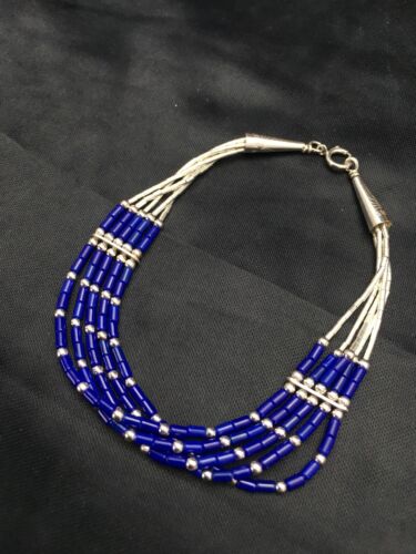 Navajo Lapis Heishi Bracelet | Sterling Liquid Silver | 5-Strand | 7" | Authentic Native American Handmade | 2934