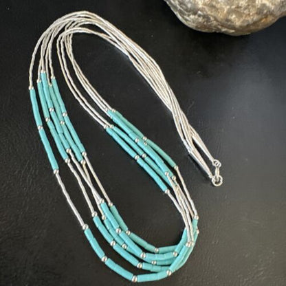 Turquoise 5-Strand Heishi Necklace | Liquid Sterling Silver | Authentic Native American Handmade | 15046