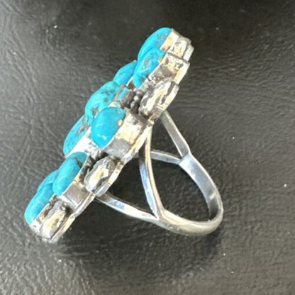 Navajo Blue Kingman Turquoise Cluster Ring | Authentic Native American Sterling Silver | Multi-Stone | Sz 10.5 | 17423