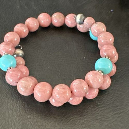 Navajo Pink Rhodochrosite Turquoise Bracelet | Stainless Steel Memory Wire | Authentic Native American Handmade | 17626 - Masha USA