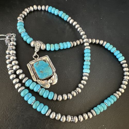 Navajo Blue Turquoise Pendant Necklace | Sterling Silver Pearls | Authentic Native American Handmade | 15420