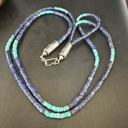 Navajo Blue Turquoise Lapis Necklace | Sterling Silver | 22" | Authentic Native American Handmade | 17554