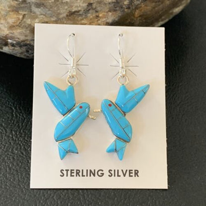 Navajo Blue Turquoise Hummingbird Earrings | Sterling Silver | 1" | Authentic Native American Handmade | 01424