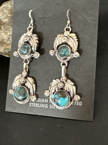 Navajo Blue Spiderweb Turquoise Dangle Earrings | Sterling Silver | Authentic Native American Handmade | 16012