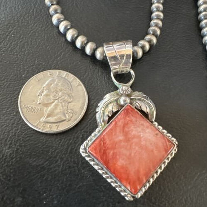 Navajo Red Spiny Oyster Pendant Necklace | Sterling Silver | Authentic Native American Handmade | 16144
