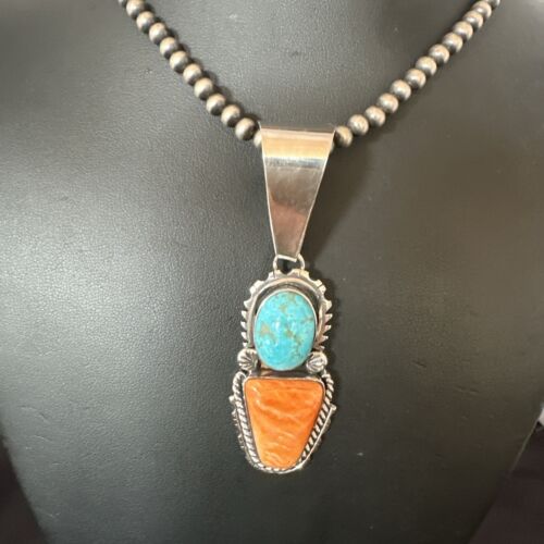 Navajo Blue Kingman Turquoise Spiny Pendant Necklace | Sterling Silver | Multi-Stone | 16825