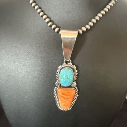 Navajo Blue Kingman Turquoise Spiny Pendant Necklace | Sterling Silver | Multi-Stone | 16825