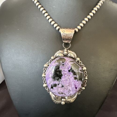 Navajo Purple Charoite Pendant with Pearls | Sterling Silver Necklace | Authentic Native American Handmade | 17154