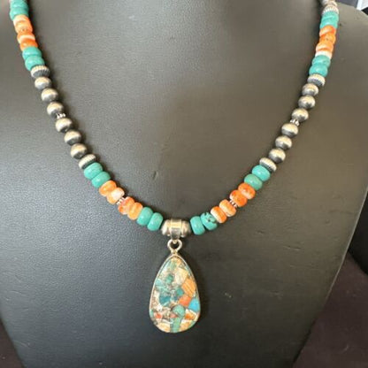 Navajo Spiny Turquoise Pendant Necklace | Sterling Silver | 22" | Authentic Native American Handmade | 17413