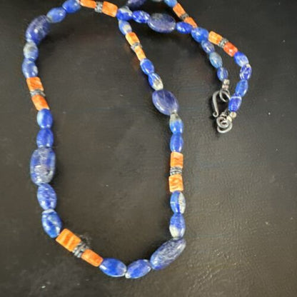 Men's Lapis Lazuli Spiny Oyster Necklace | Navajo Sterling Silver | 18" | Authentic Native American Handmade | 15265