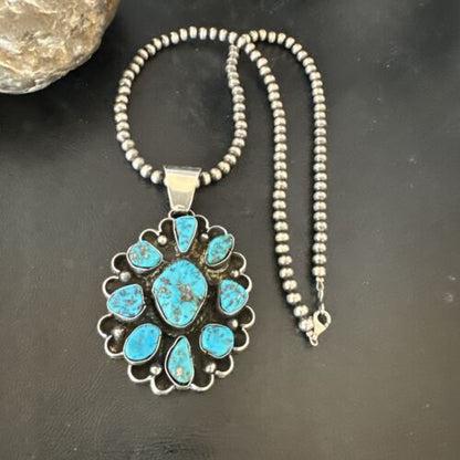 Navajo Blue Kingman Turquoise Cluster Pendant | Sterling Silver | 3" | Authentic Native American Handmade | 17417