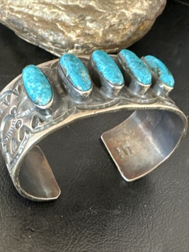 XL Men's Kingman Turquoise 5 Stone Cuff Bracelet | Navajo Sterling Silver | Authentic Native American Handmade | 15858