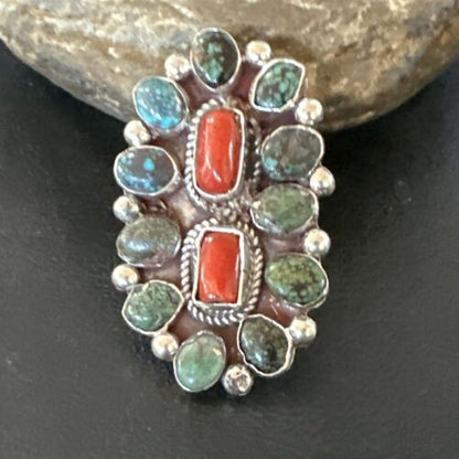 Navajo Spiderweb Turquoise Coral Cluster Ring | Authentic Native American Sterling Silver | Multi-Stone | Sz 10 | 17183