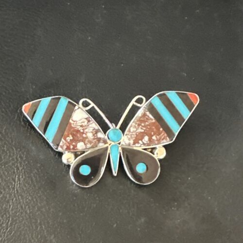 Zuni Butterfly Wild Horse Turquoise Onyx Inlay Pin Pendant | Sterling Silver | Authentic Native American Handmade | 15152