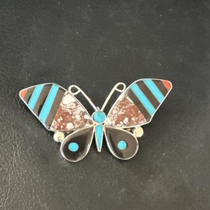 Zuni Butterfly Wild Horse Turquoise Onyx Inlay Pin Pendant | Sterling Silver | Authentic Native American Handmade | 15152